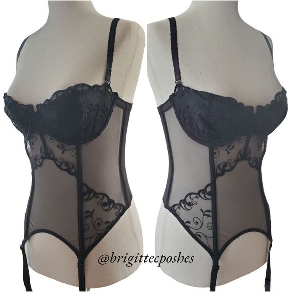 VICTORIA'S SECRET Black See-through Lace Embroidered Teddy with Garters - Picture 5 of 10